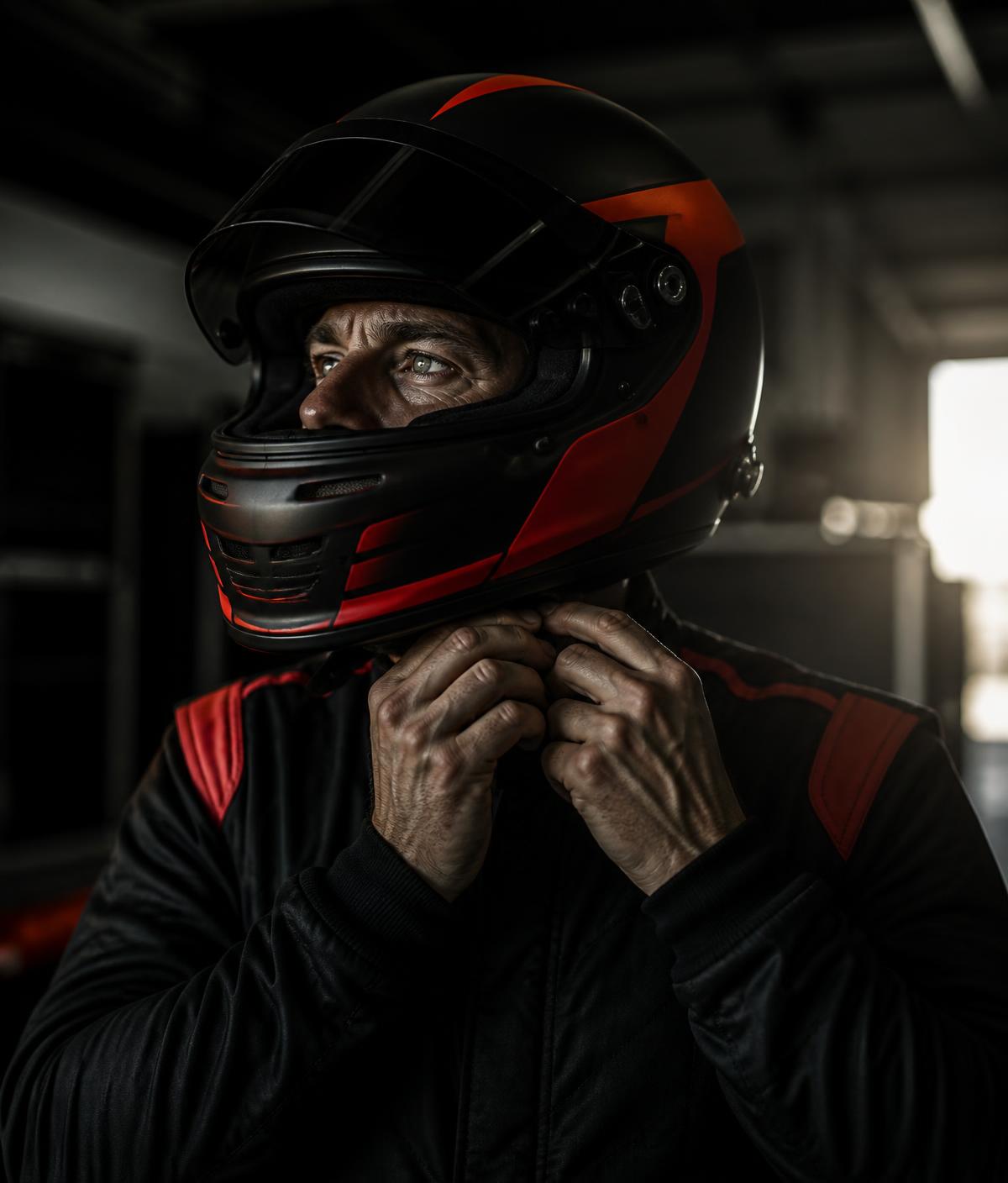 Driver fastening gloves before a session