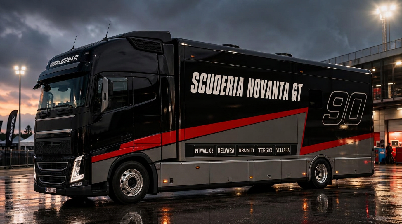 Scuderia Novanta GT rigid race transporter with team livery and partner logos in the paddock at dusk