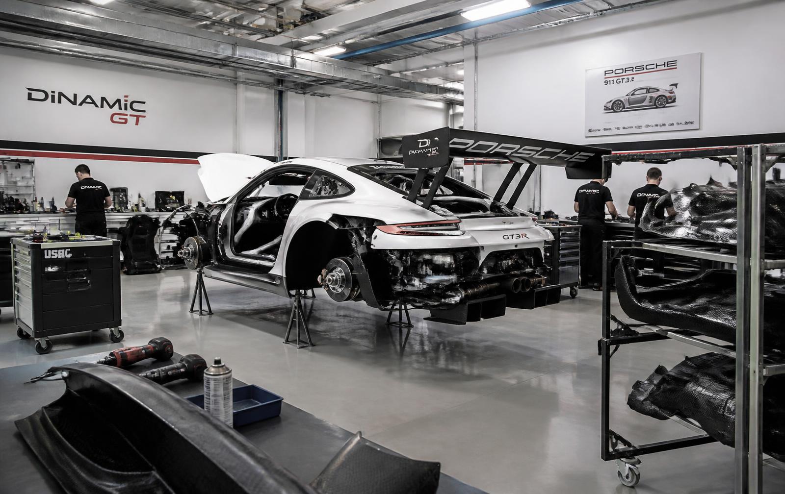 GT race car on setup pads inside the Novanta workshop